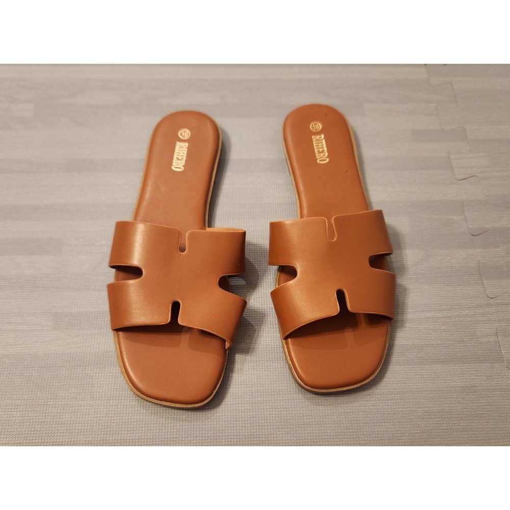 Rihero Tan Brown H-Cutout Flat Slide Sandals Square Toe Slip On Shoes Womens 10